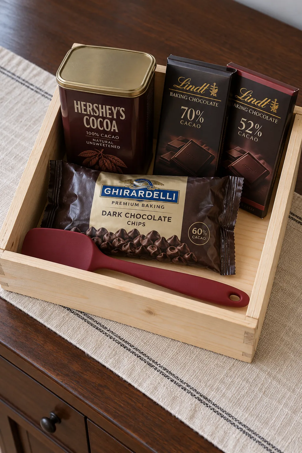 A Chocolate Baking Basket With Distinct Ingredients