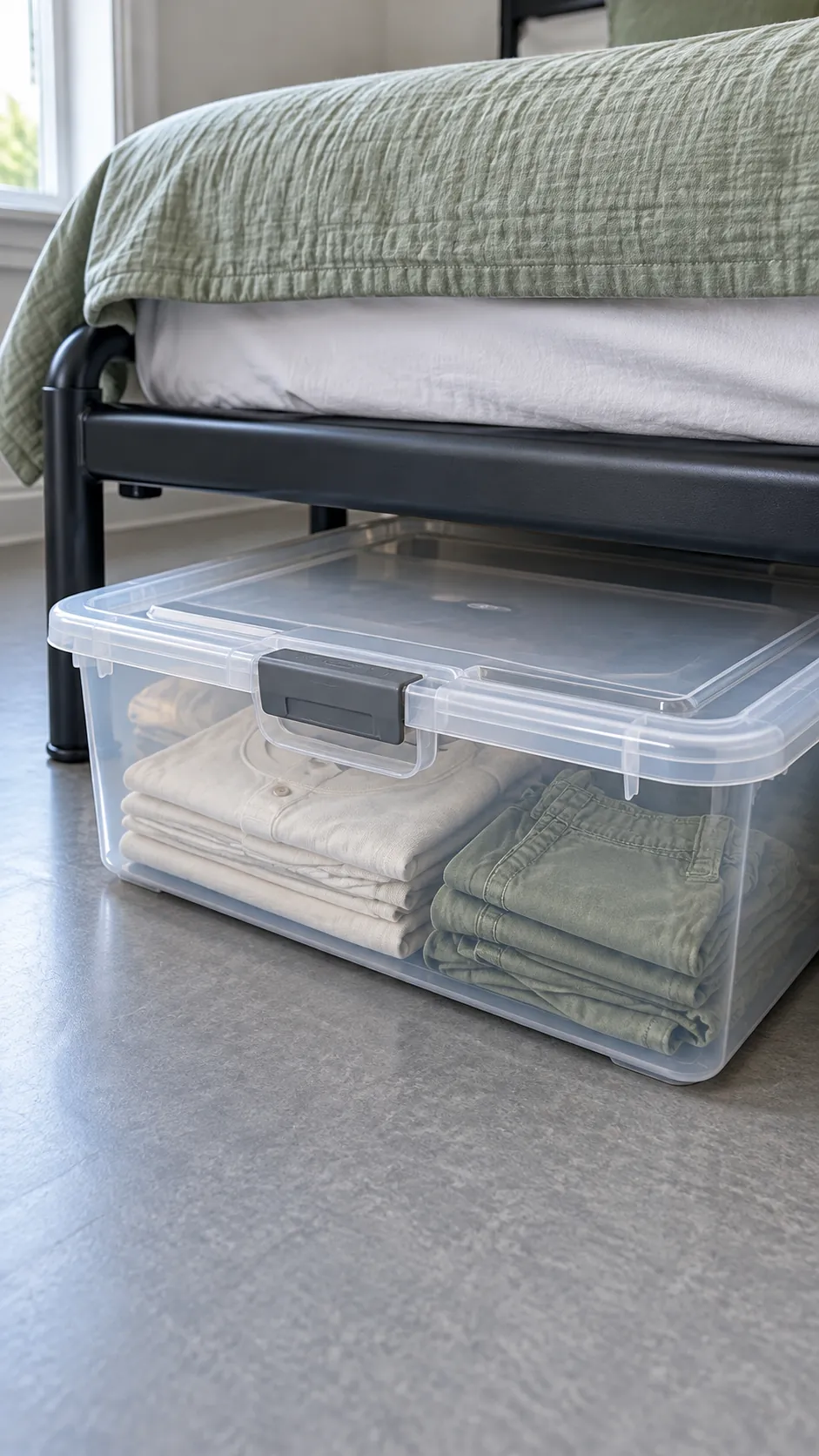 Use clear lidded bins for visible categories for a small bedroom without a dresser