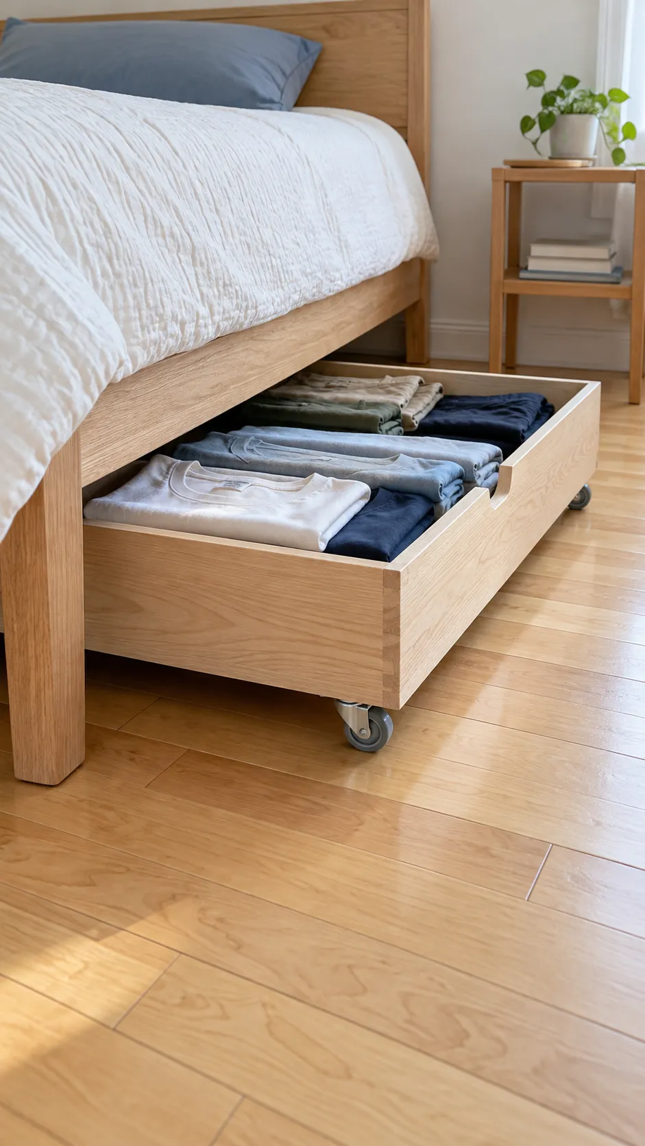 Choose a shallow drawer on wheels for a small bedroom without a dresser