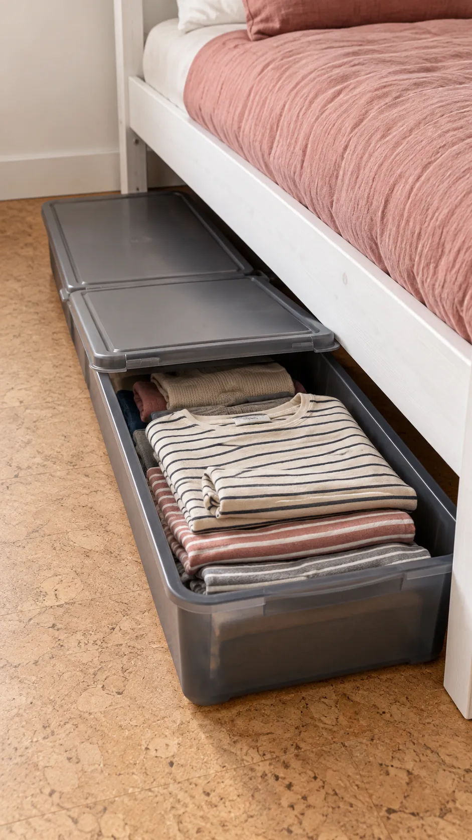 Try a lid that opens in two sections for a small bedroom without a dresser