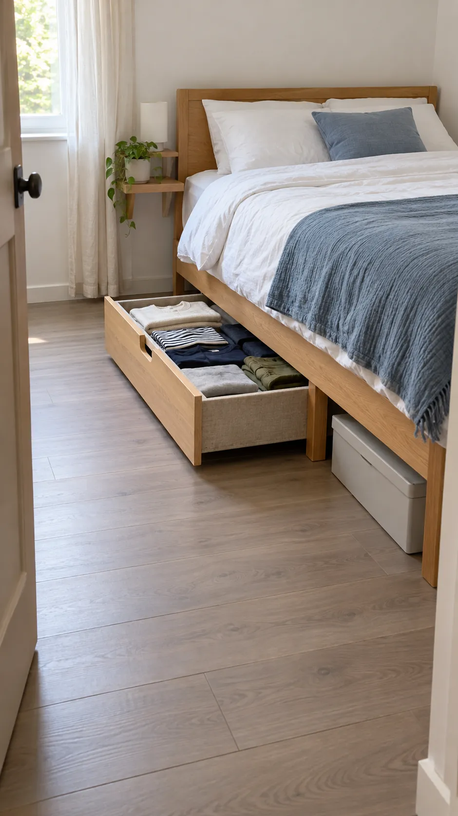 Small bedroom with accessible clothing storage beneath an oak bed