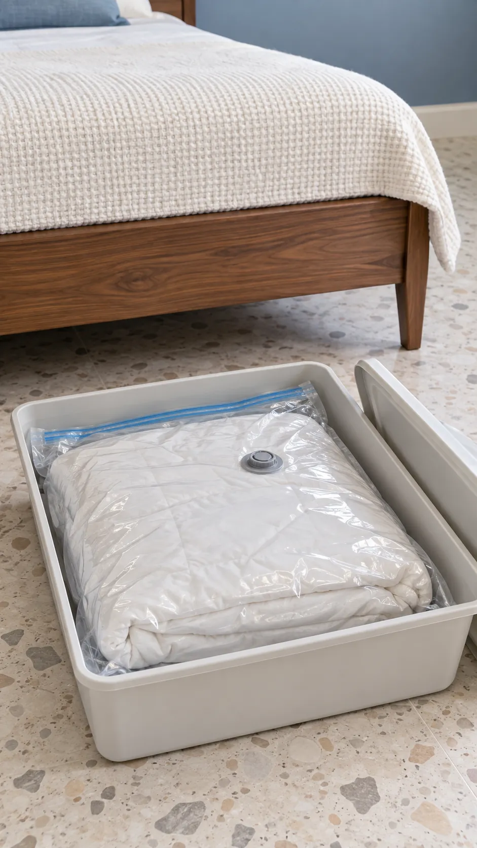 Compress suitable spare bedding in a storage bag for a small bedroom without a dresser
