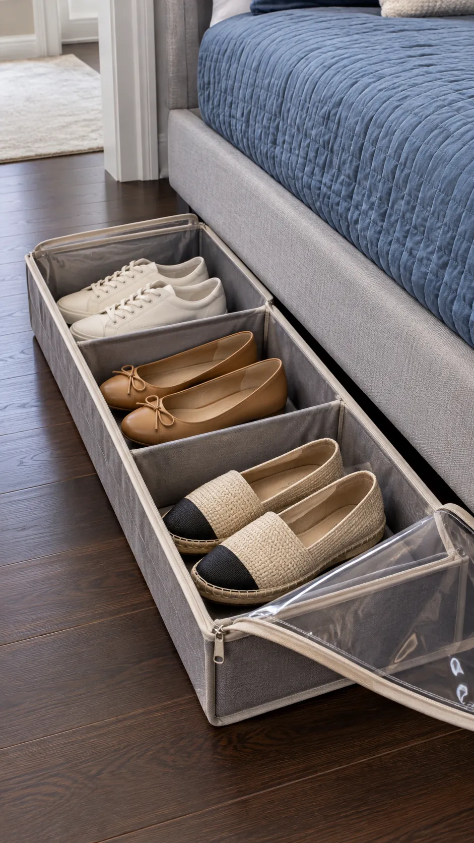 Separate occasional shoes in a covered organizer for a small bedroom without a dresser