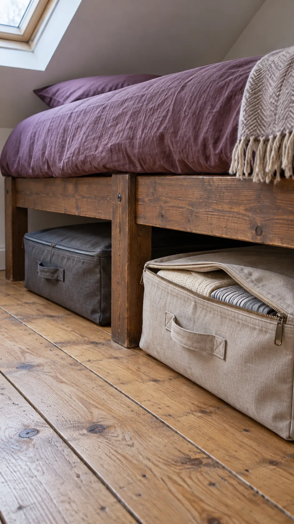 Fit soft zip cases between awkward supports for a small bedroom without a dresser