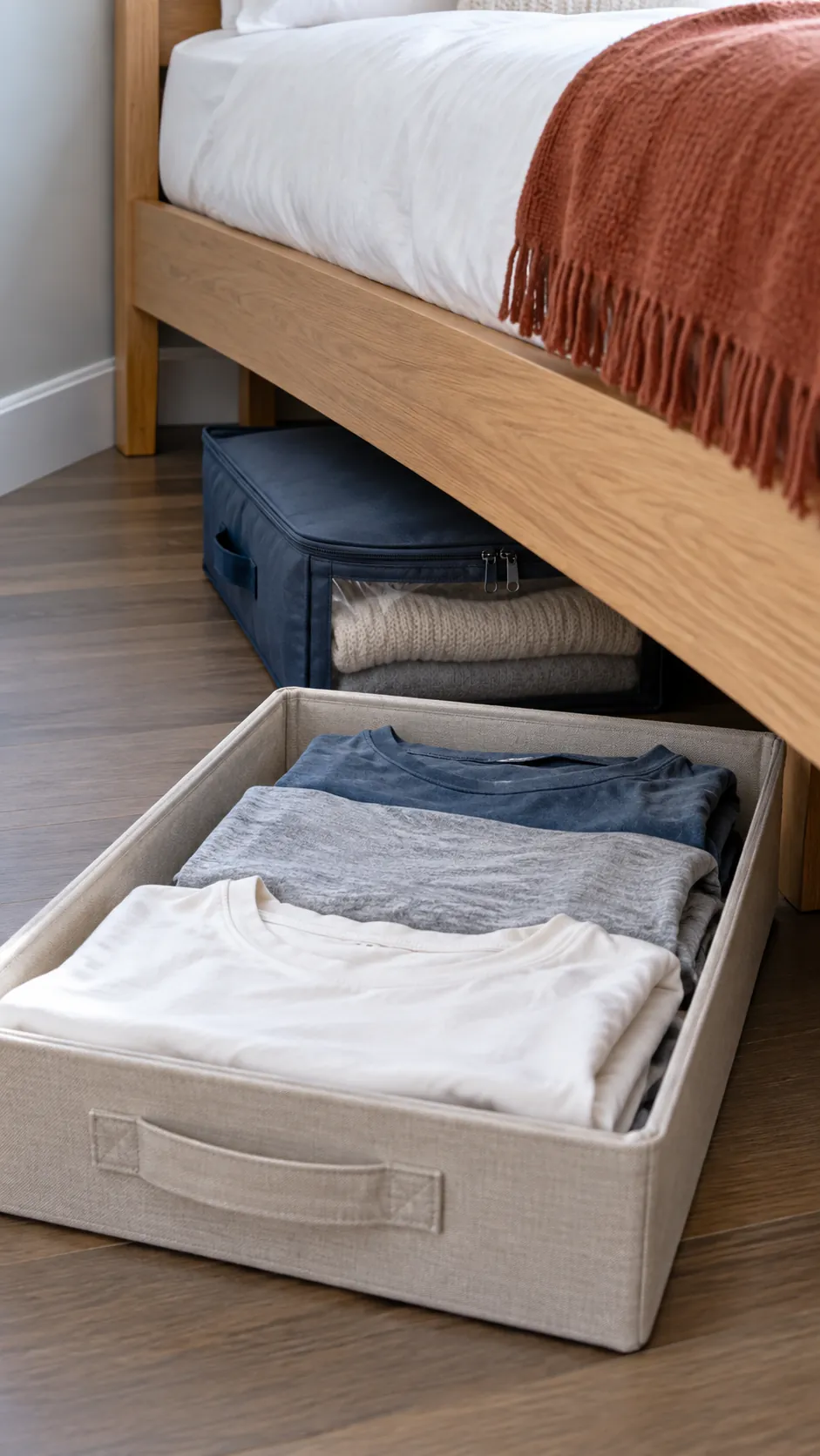 Rotate seasonal clothing behind daily items for a small bedroom without a dresser