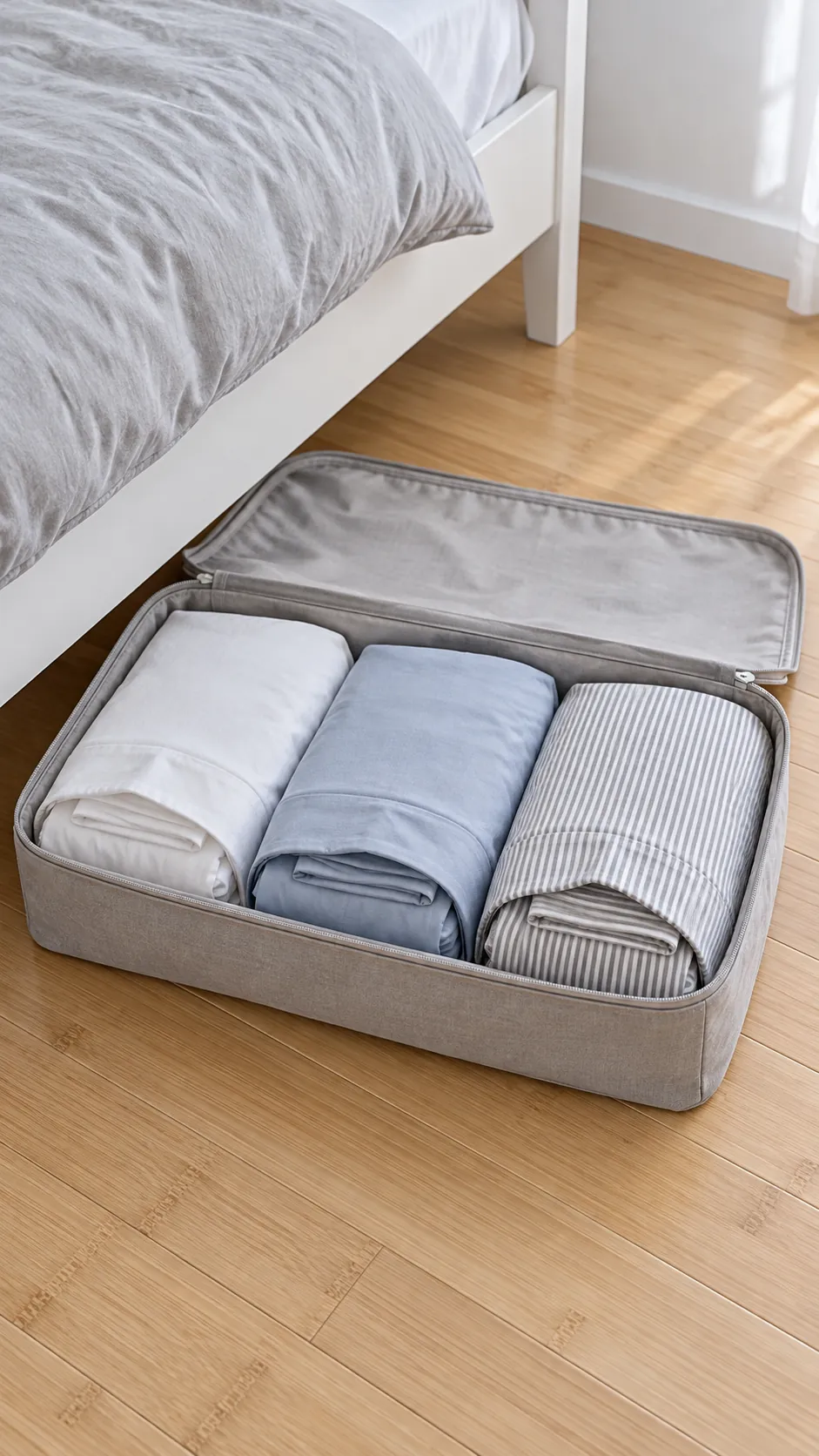 Bundle each sheet set inside its pillowcase for a small bedroom without a dresser