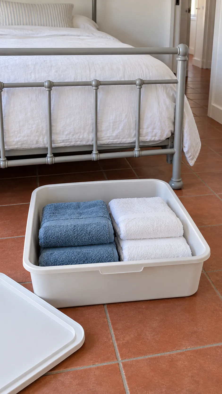 Reserve a washable bin for spare towels for a small bedroom without a dresser
