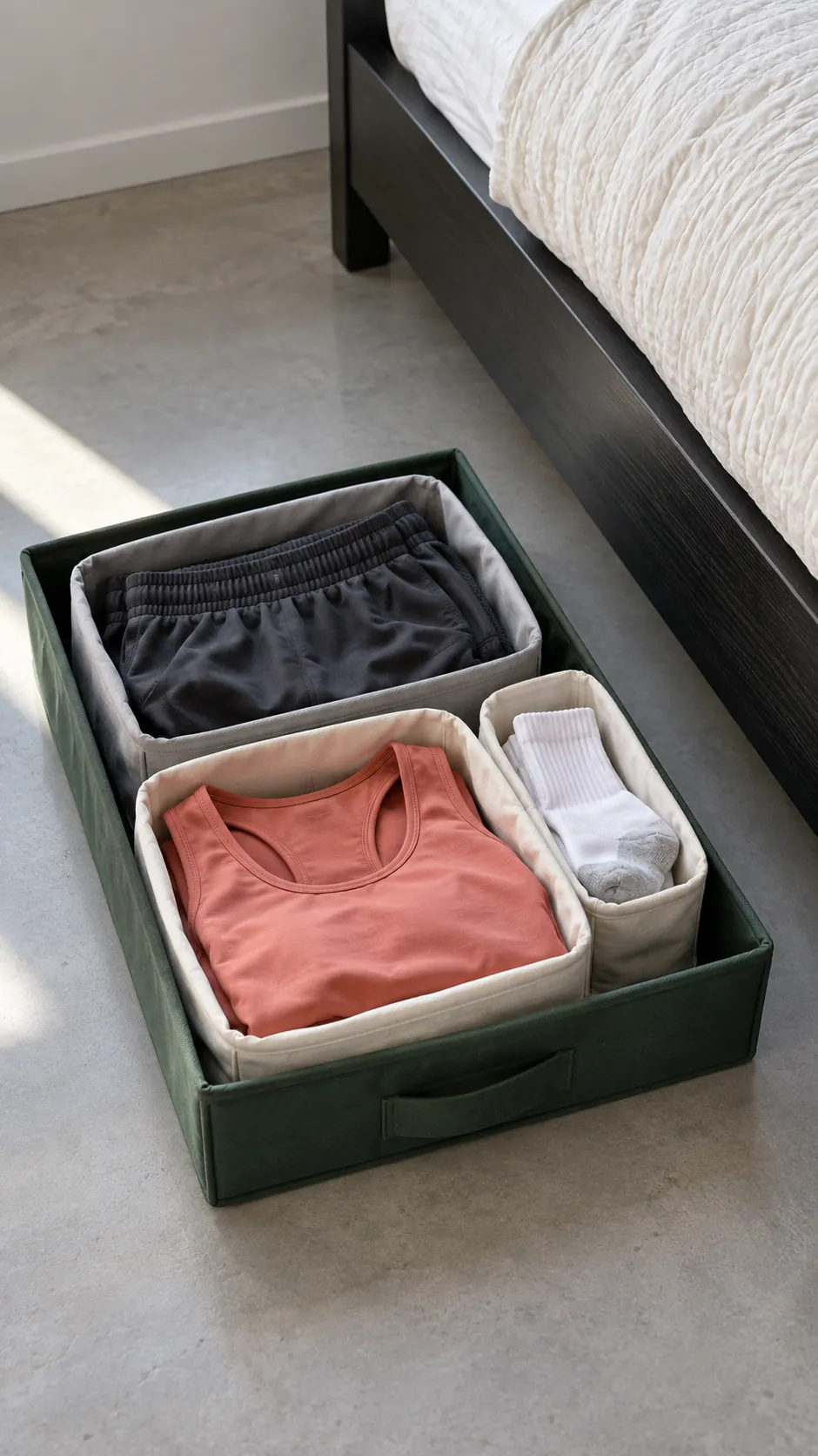 Group workout clothes by a complete session for a small bedroom without a dresser