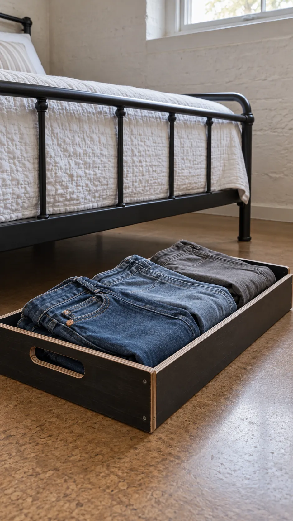 Lay denim in a low sturdy tray for a small bedroom without a dresser