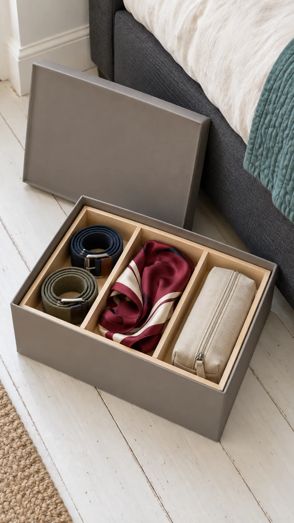 Use a shallow accessory tray inside a covered box for a small bedroom without a dresser
