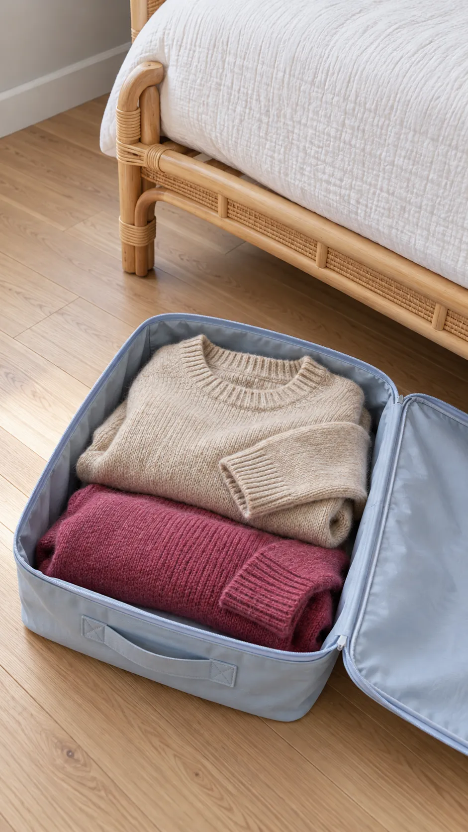 Protect delicate knits in a fabric case for a small bedroom without a dresser