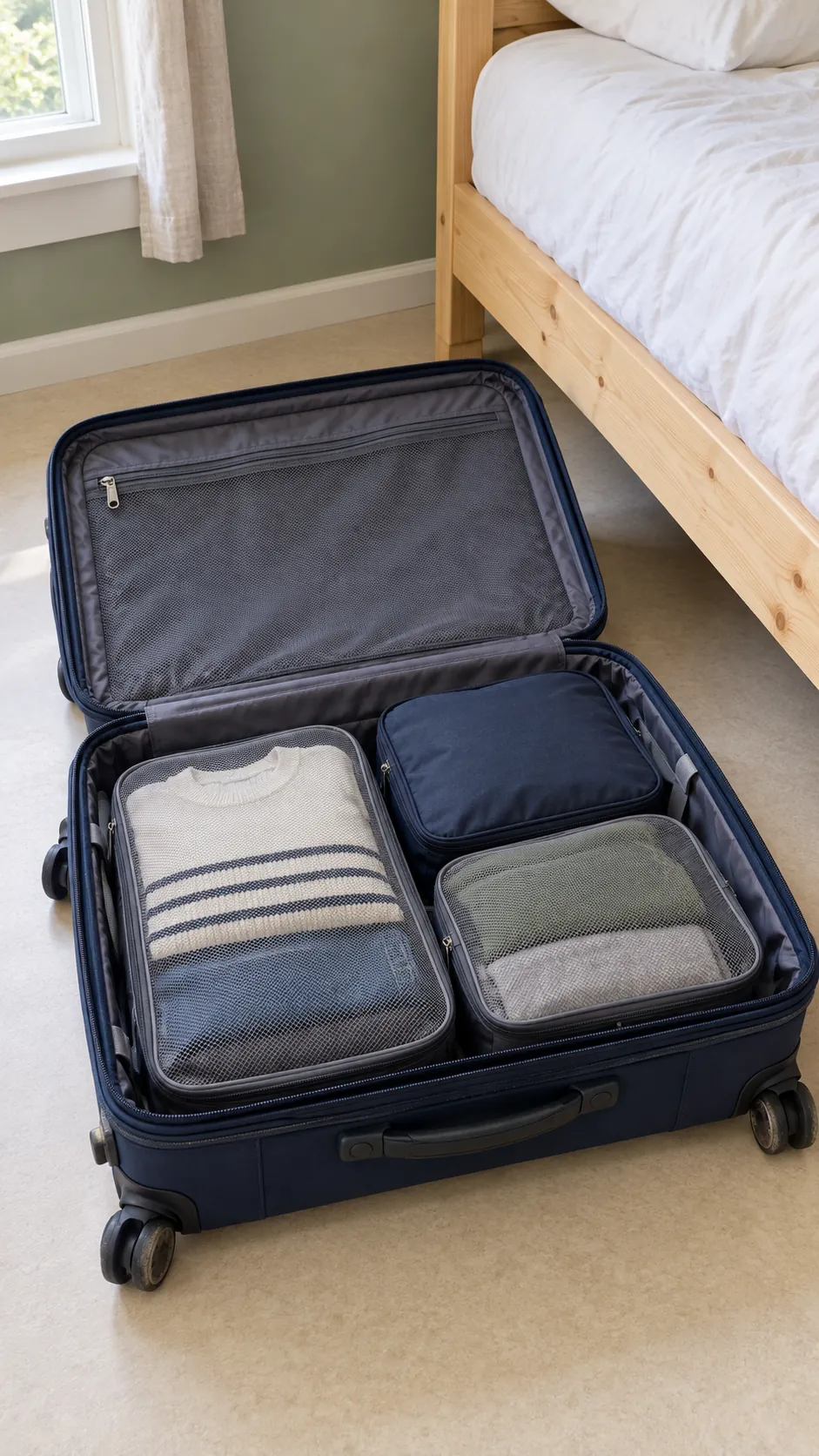 Put an empty suitcase to work for a small bedroom without a dresser