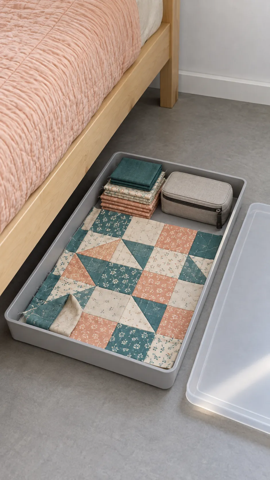 Keep a flat craft project in one tray for a small bedroom without a dresser