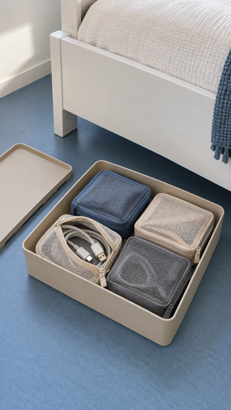 Contain spare cables in small zipped pouches for a small bedroom without a dresser