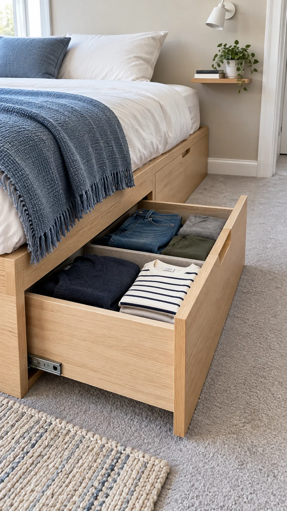 Choose a bed with integrated drawers for a small bedroom without a dresser
