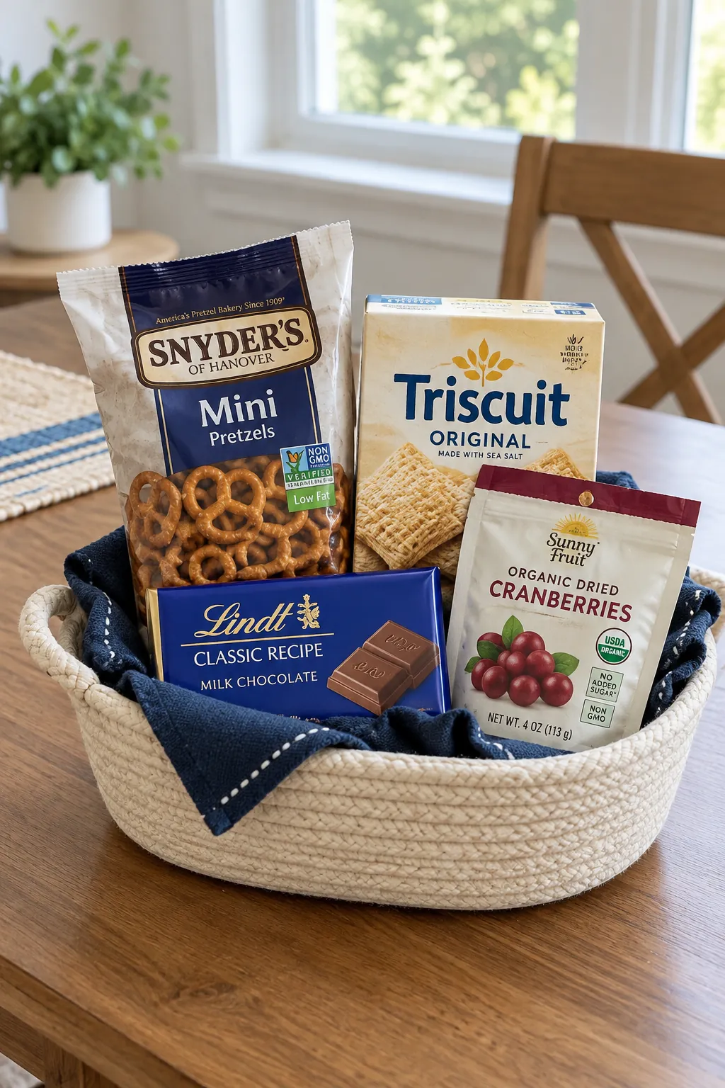 Sealed sweet and savory snacks in a reusable gift basket
