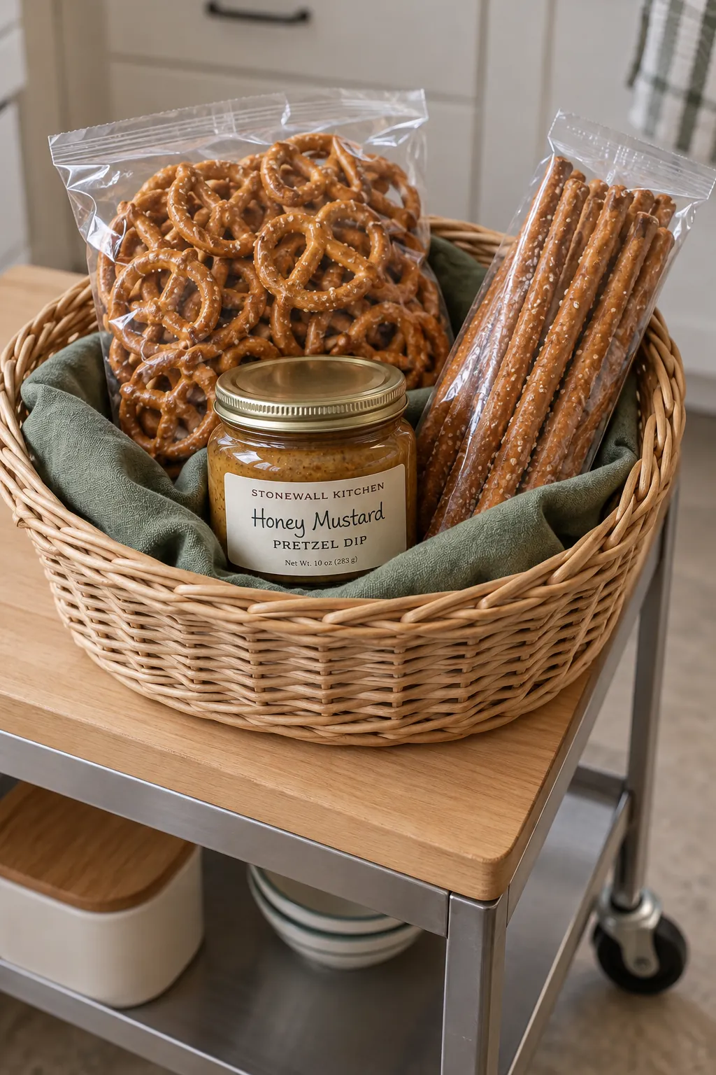 A Pretzel Basket With Packaged Pairings
