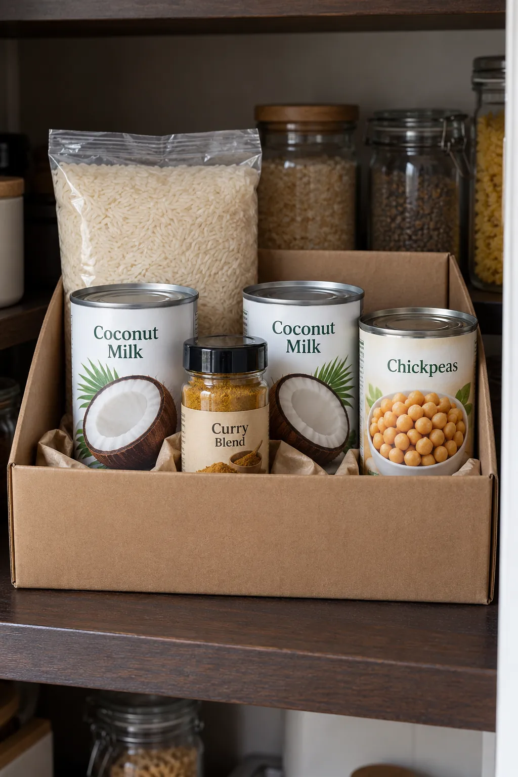 Cooking gift with rectangular box of rice, coconut milk cans, chickpeas and sealed curry blend