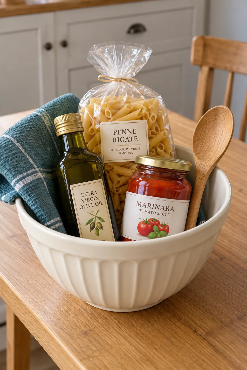 Practical cooking gift with pantry ingredients in a reusable bowl