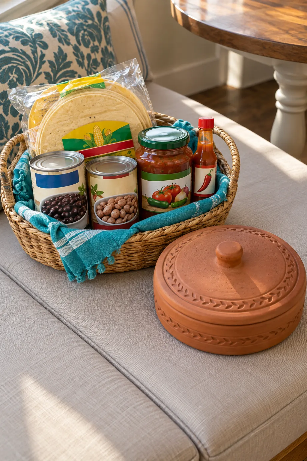 Cooking gift with corn tortillas, mild salsa, canned beans, separate hot sauce, terracotta warmer