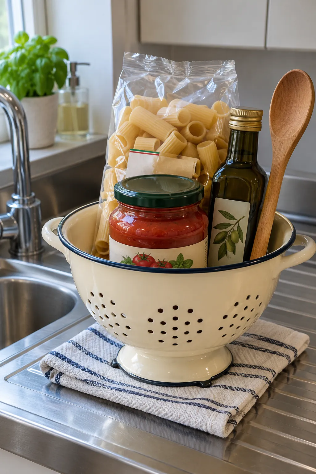 Cooking gift with cream colander with dried rigatoni, tomato sauce jar, olive oil bottle, wooden spoon