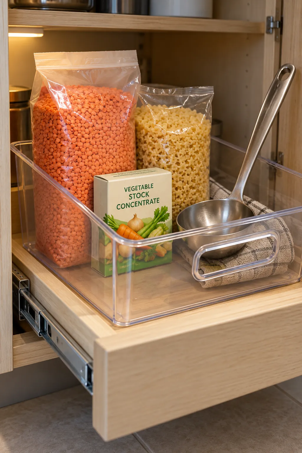 Cooking gift with pantry bin with lentils, small pasta, stock concentrate and ladle