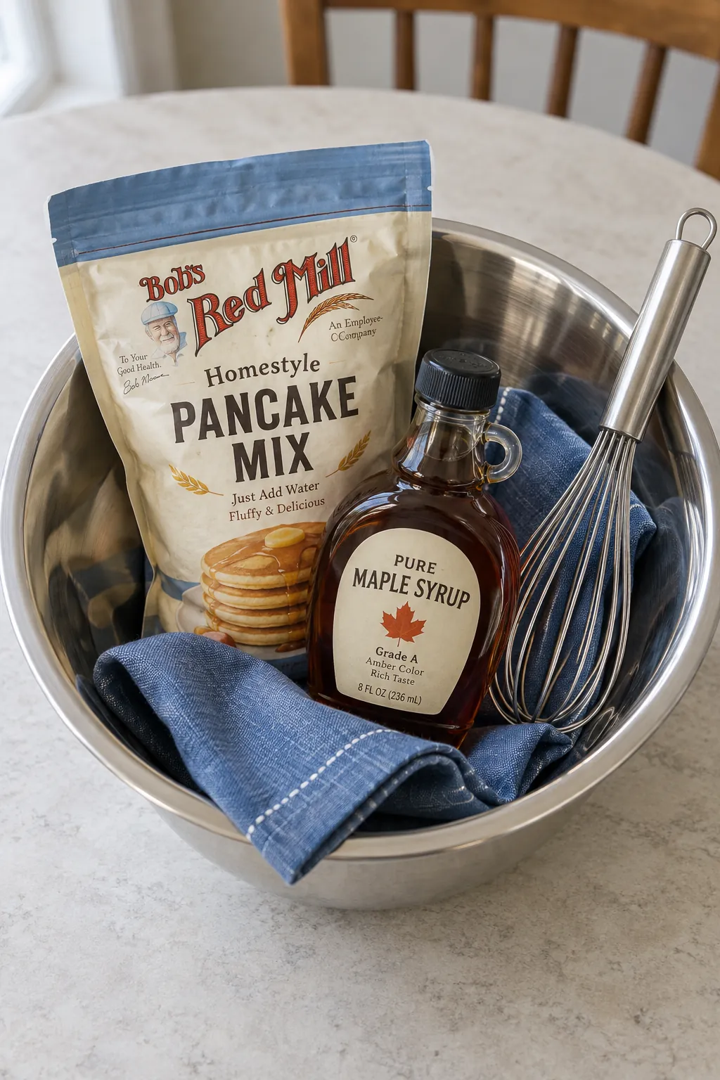 Cooking gift with steel mixing bowl containing pancake mix, maple syrup and whisk