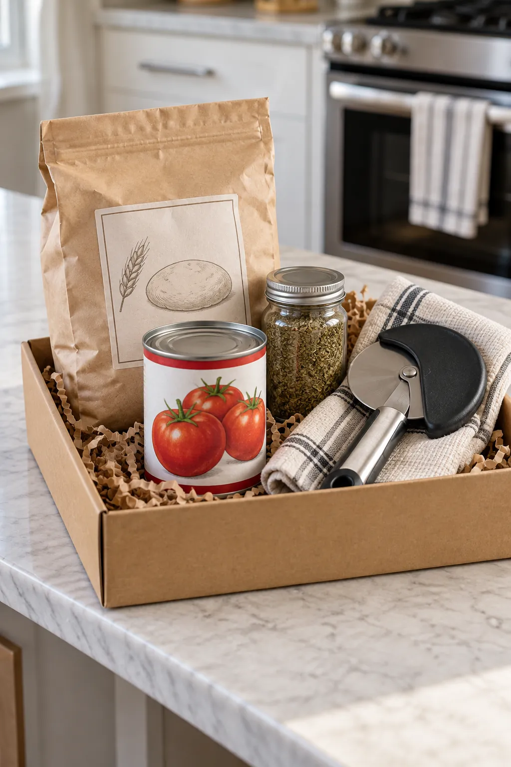 Cooking gift with dough mix, canned tomatoes, oregano and protected pizza wheel