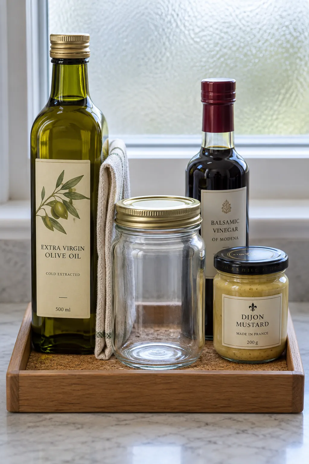 Cooking gift with olive oil, vinegar, mustard and empty screw top jar in narrow tray