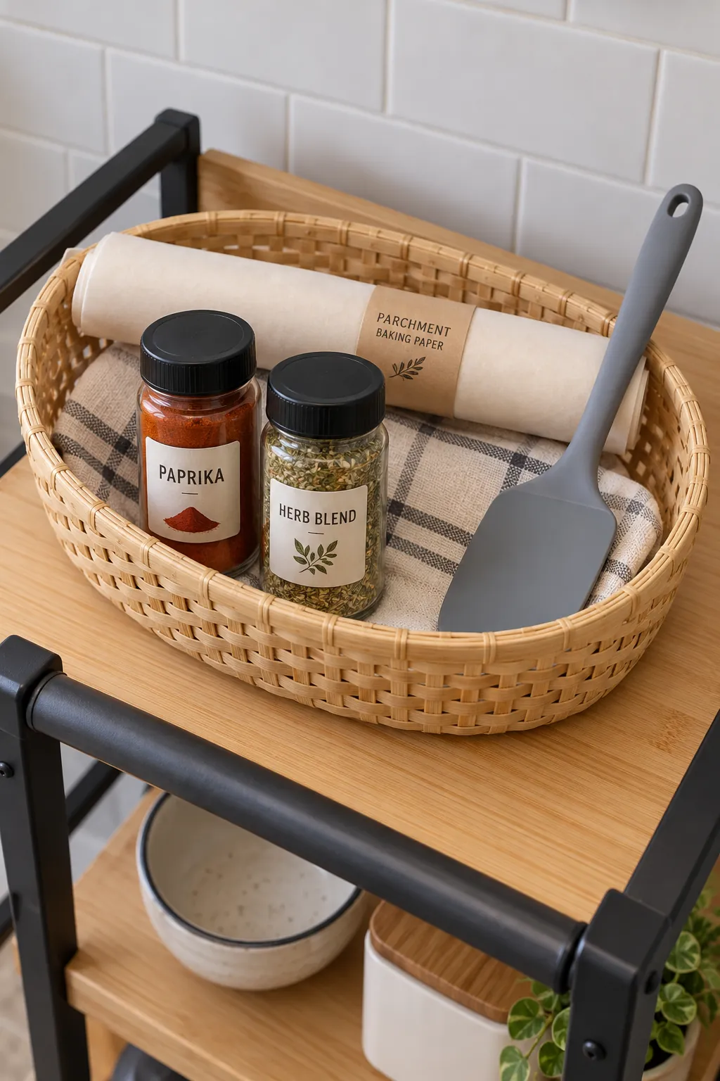 Cooking gift with paprika, herb blend, spatula and rolled parchment in oval basket