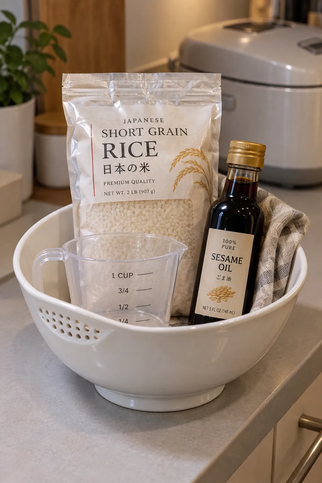 Cooking gift with bag of rice, measuring cup, rinsing bowl and sealed sesame oil