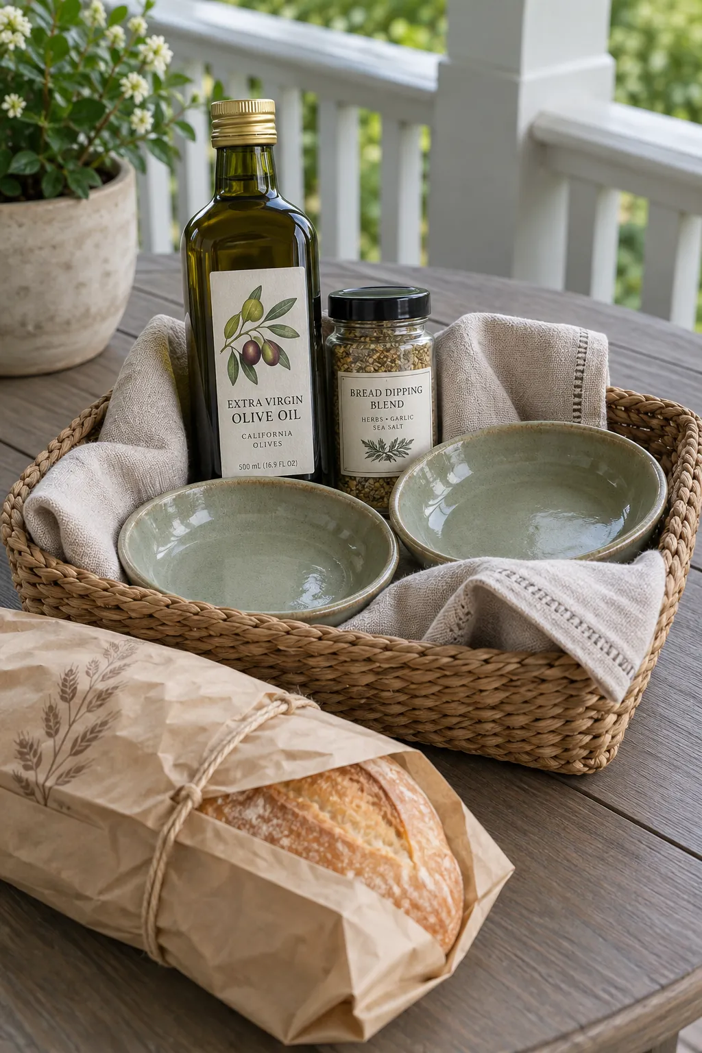 Cooking gift with olive oil, dipping spice, two shallow dishes and wrapped loaf