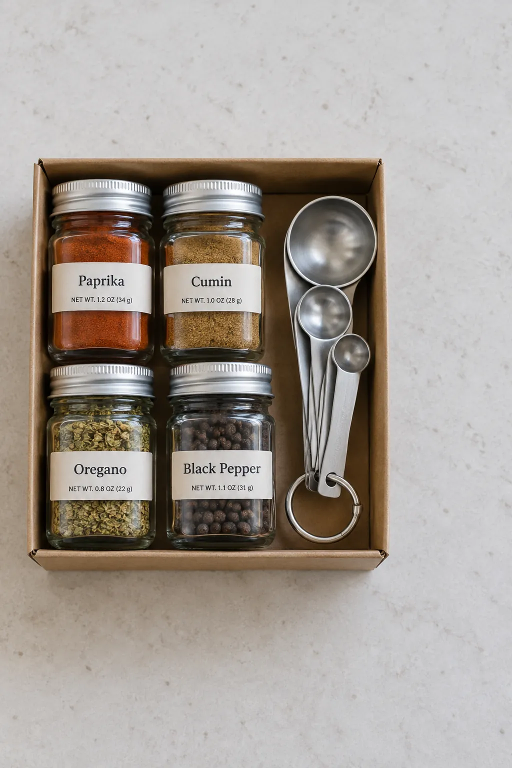 Cooking gift with four small spice jars and measuring spoons in tiny box