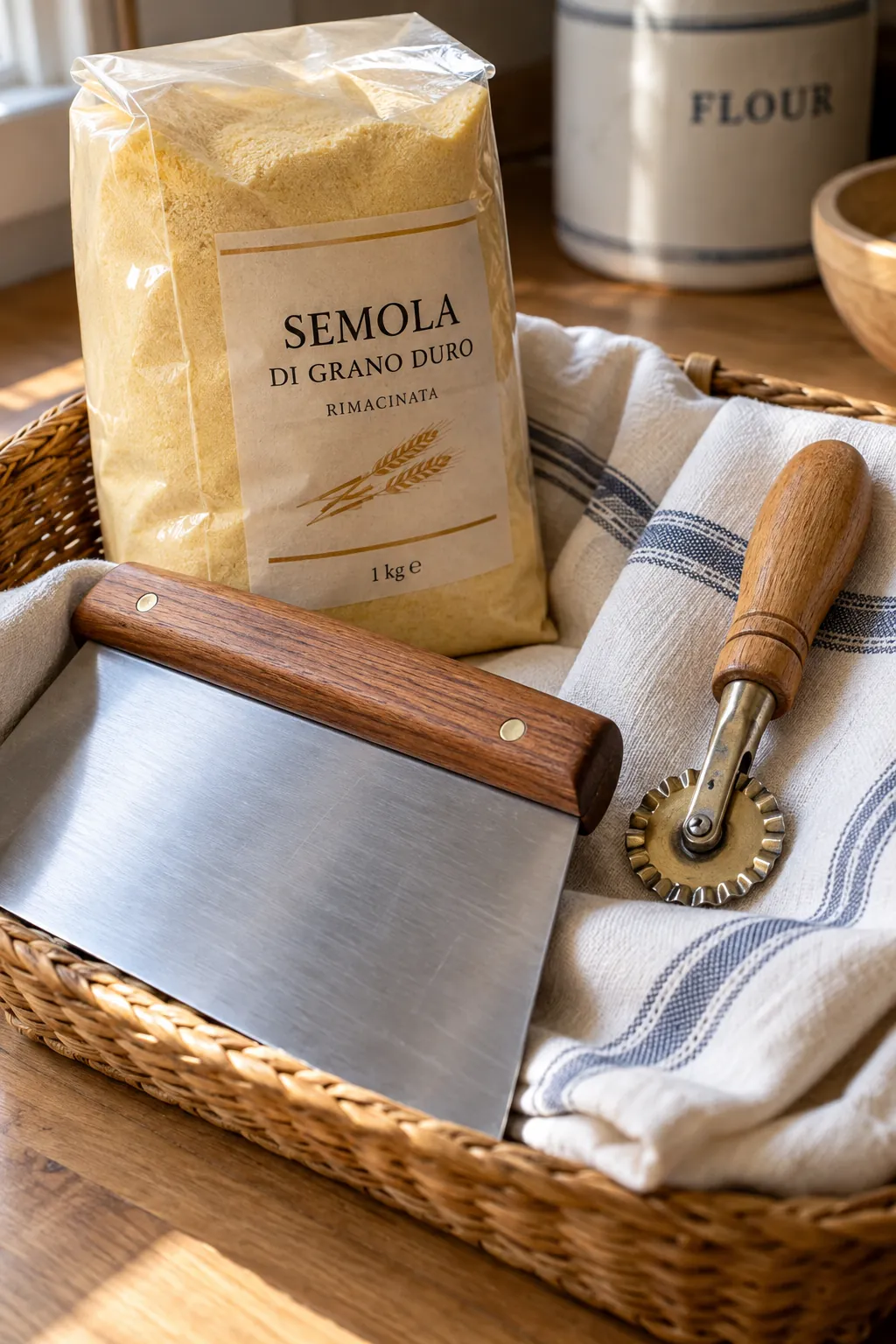 Cooking gift with semolina, bench scraper, pasta cutter and cotton cloth in basket