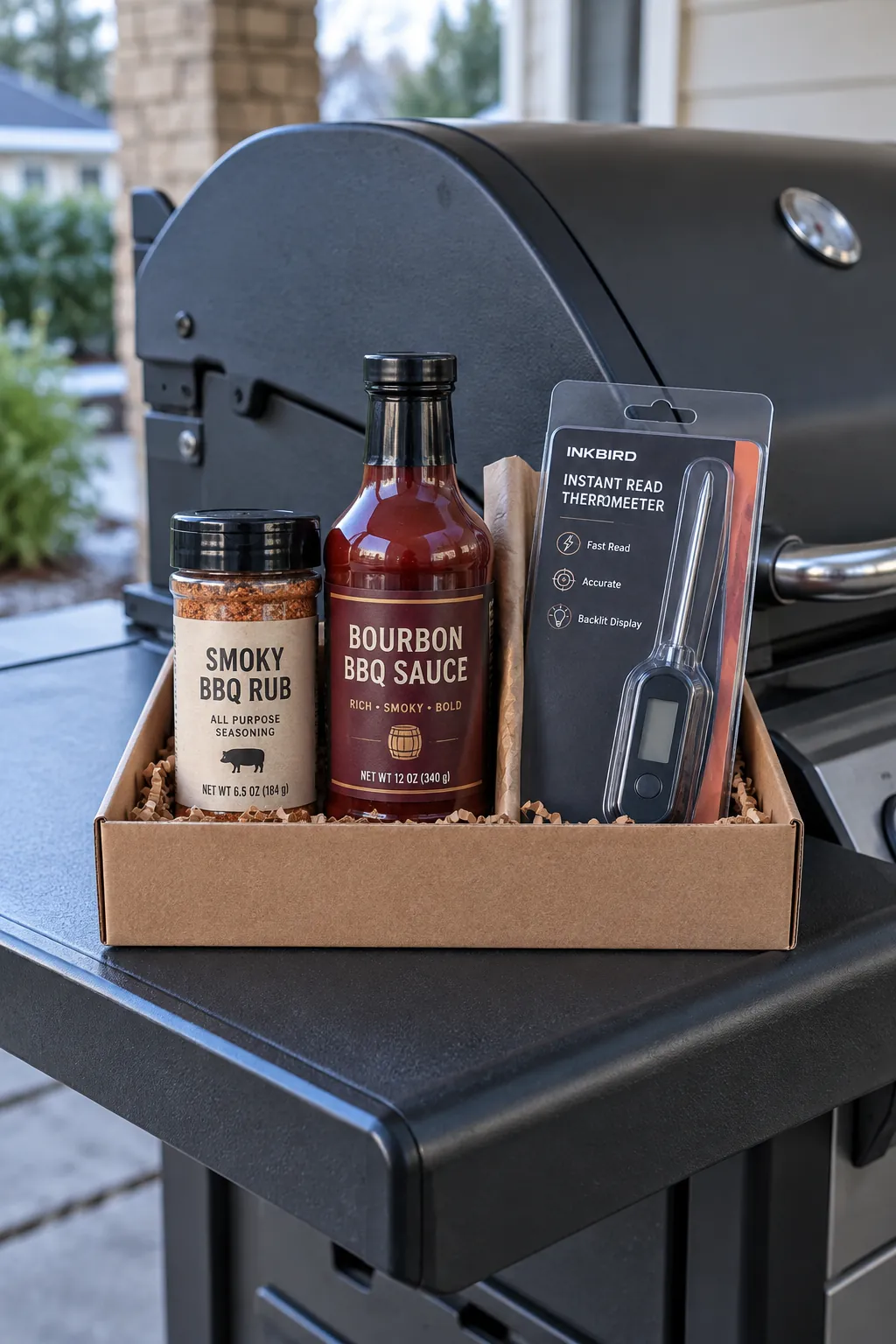 Cooking gift with dry rub, sauce and packaged instant read thermometer