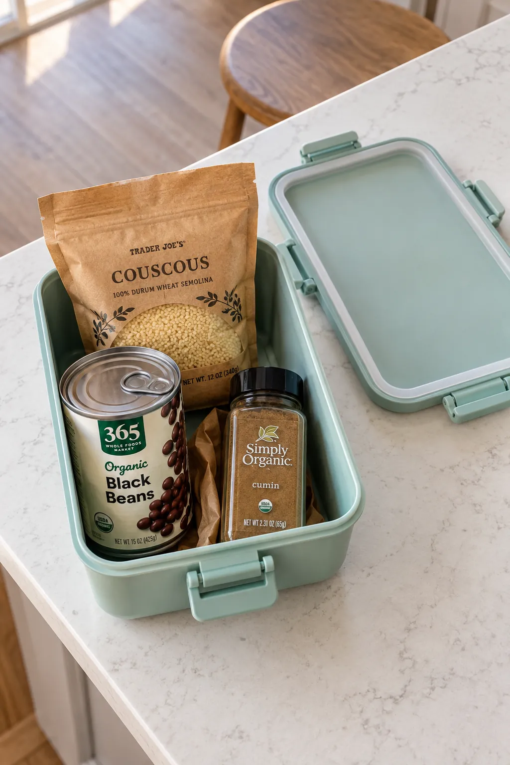 Cooking gift with couscous, beans and seasoning inside reusable lunch container