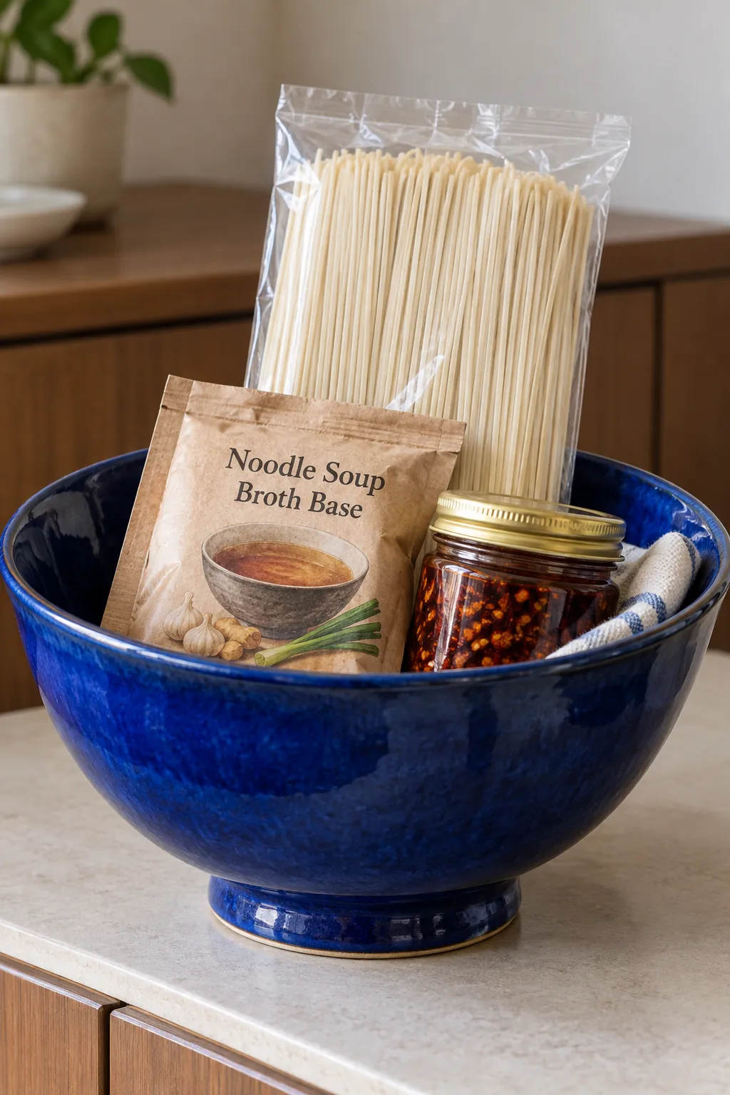Cooking gift with noodles, broth base and chili condiment in deep bowl