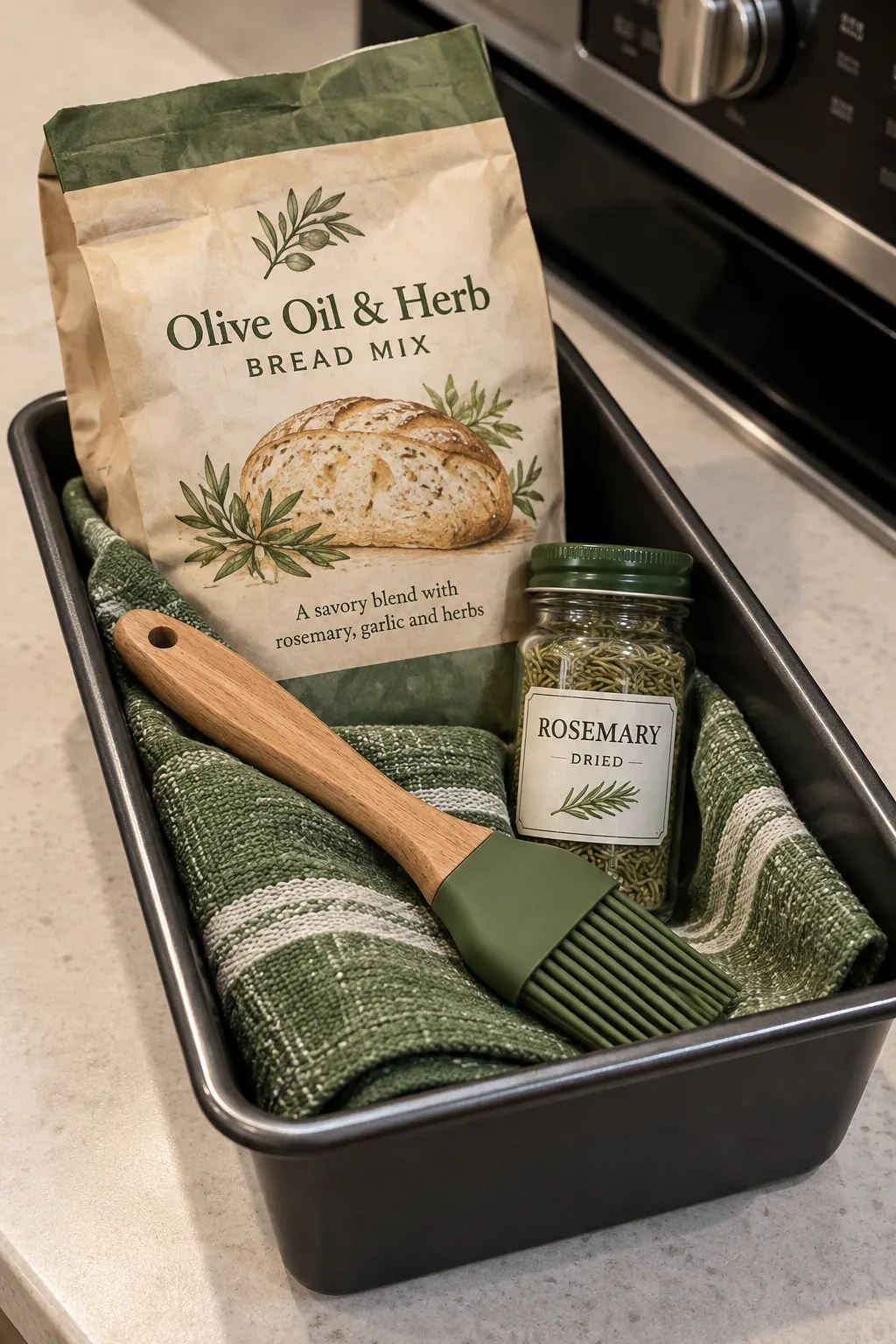 Cooking gift with bread mix, rosemary, pastry brush and towel inside loaf pan