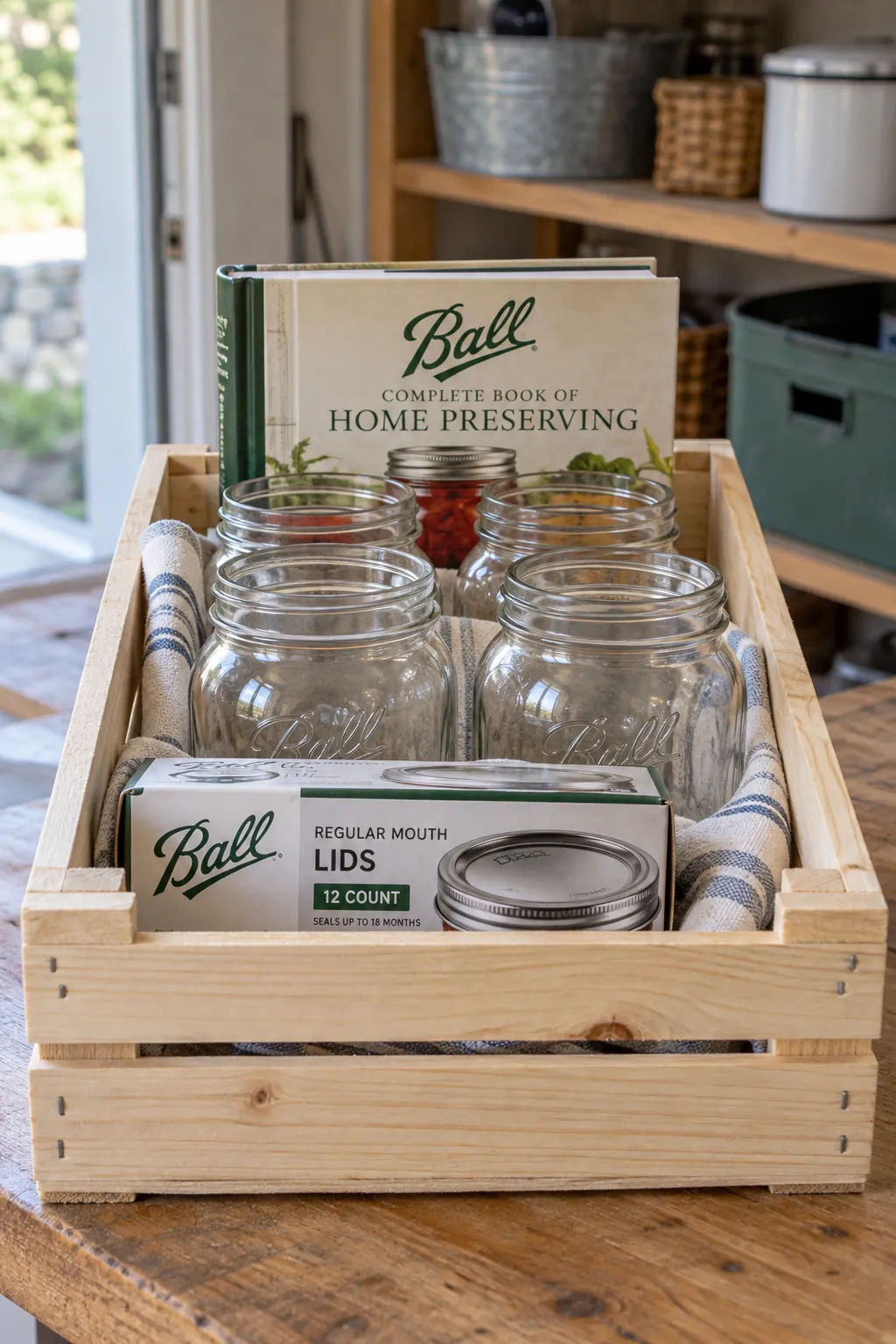 Cooking gift with empty new jars, sealed lids and preservation reference in crate