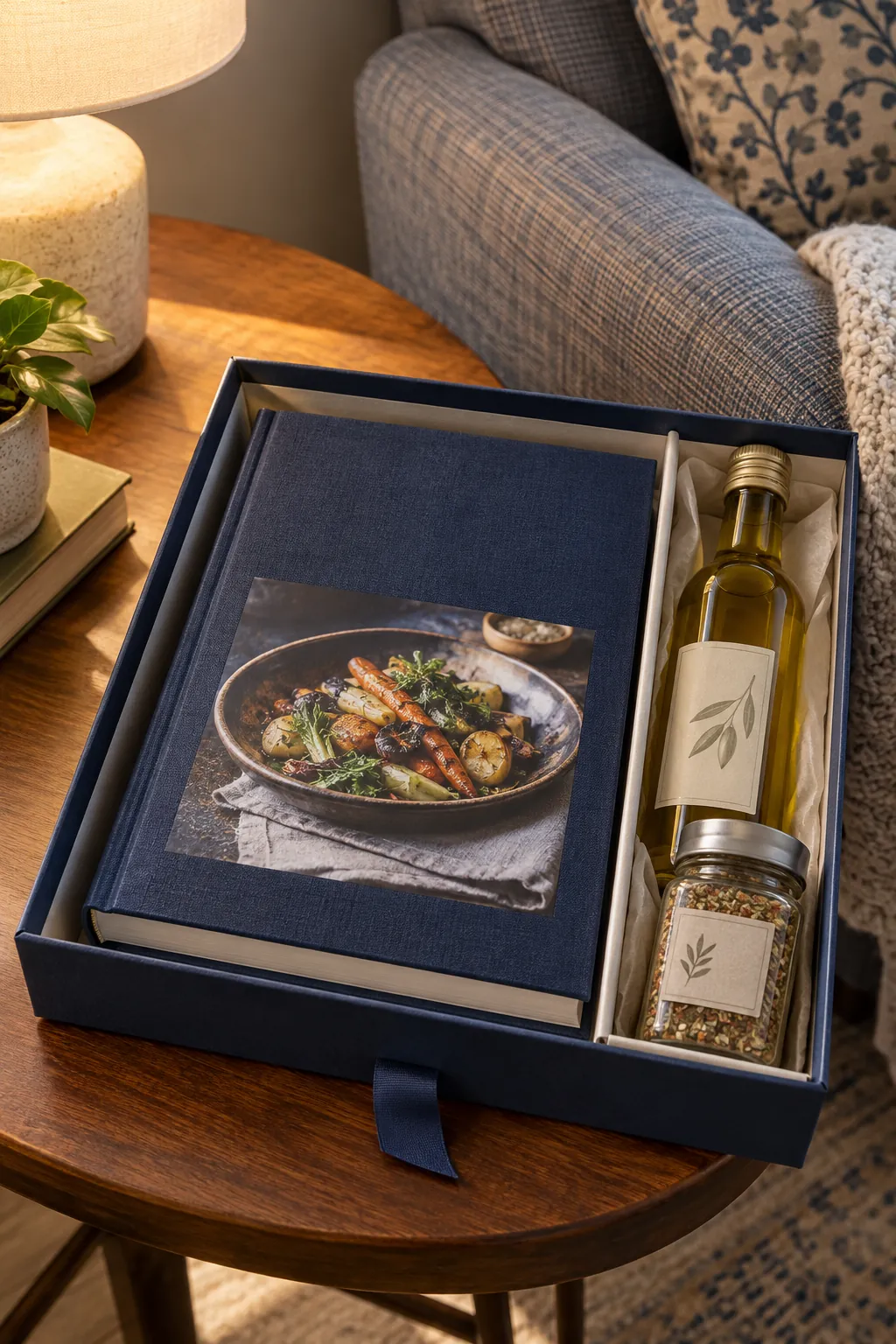 Cooking gift with closed cookbook with sealed oil and spice jar in book sized box