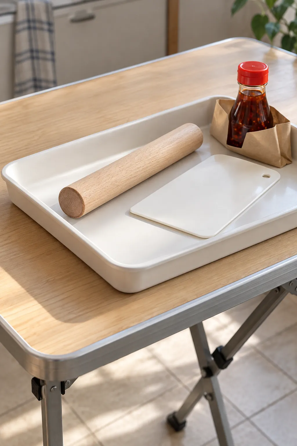Cooking gift with small rolling pin, dough scraper and dipping sauce in shallow tray