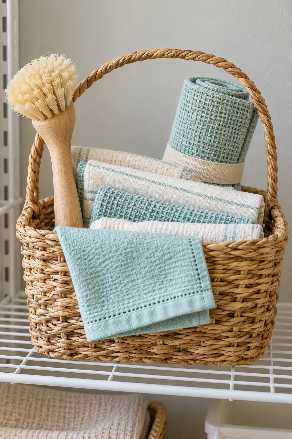 Cooking gift with dishcloths, bottle brush and washable mat in handled basket