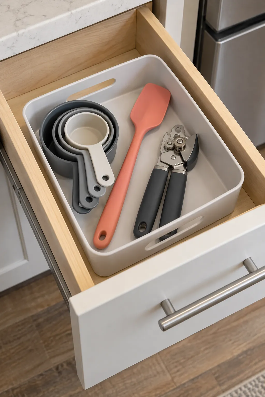 Cooking gift with nesting measuring set, slim spatula and compact opener in tub