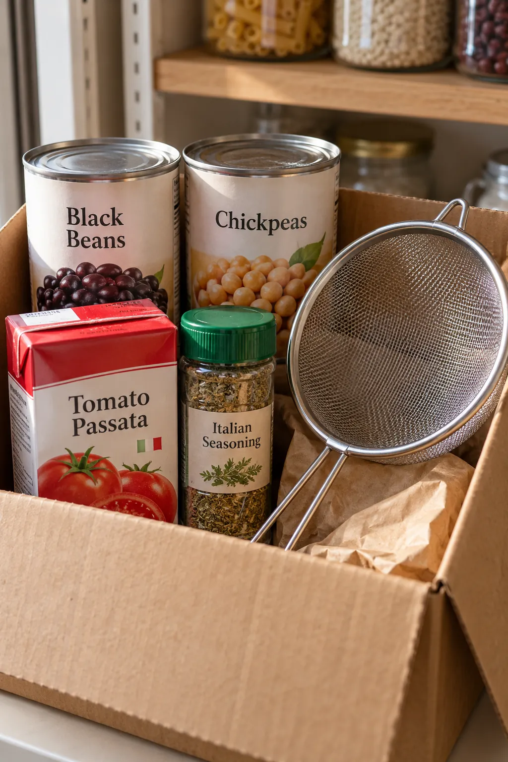 Cooking gift with canned beans, tomato base, seasoning and strainer in box