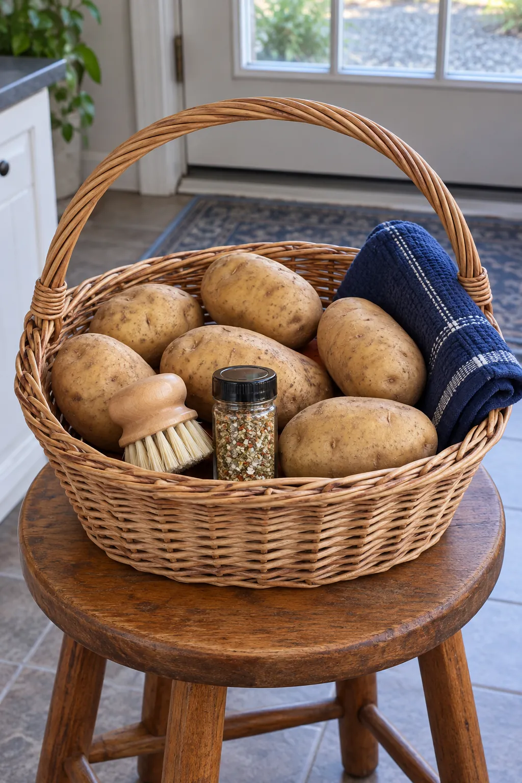 Cooking gift with dry potatoes, scrubber, seasoning and towel in airy basket