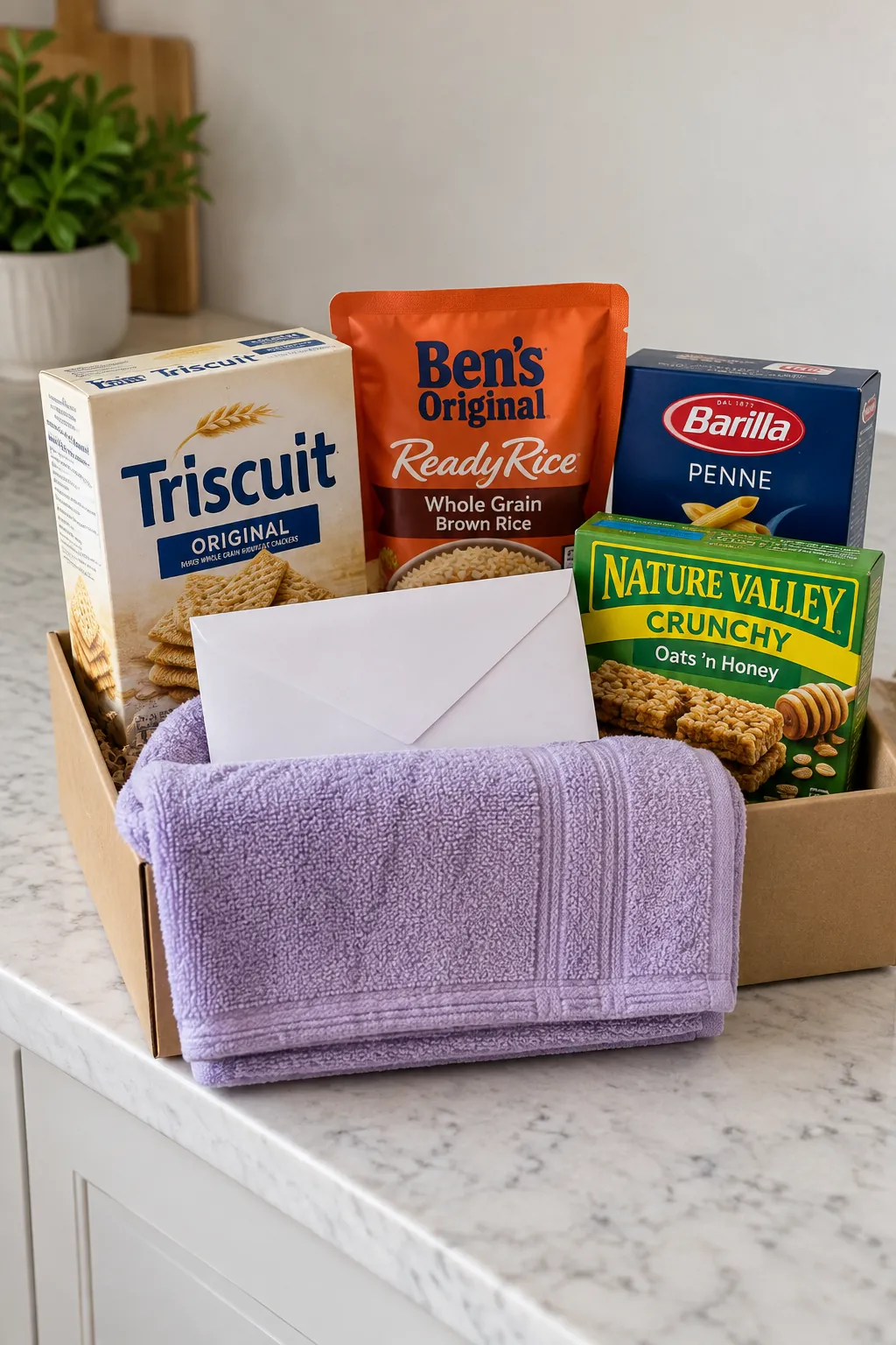 Cooking gift with sealed trusted pantry packages, gift card envelope and towel