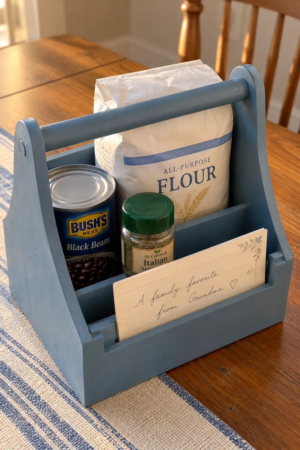 Cooking gift with recipe card, sealed flour, seasoning and beans in reusable caddy