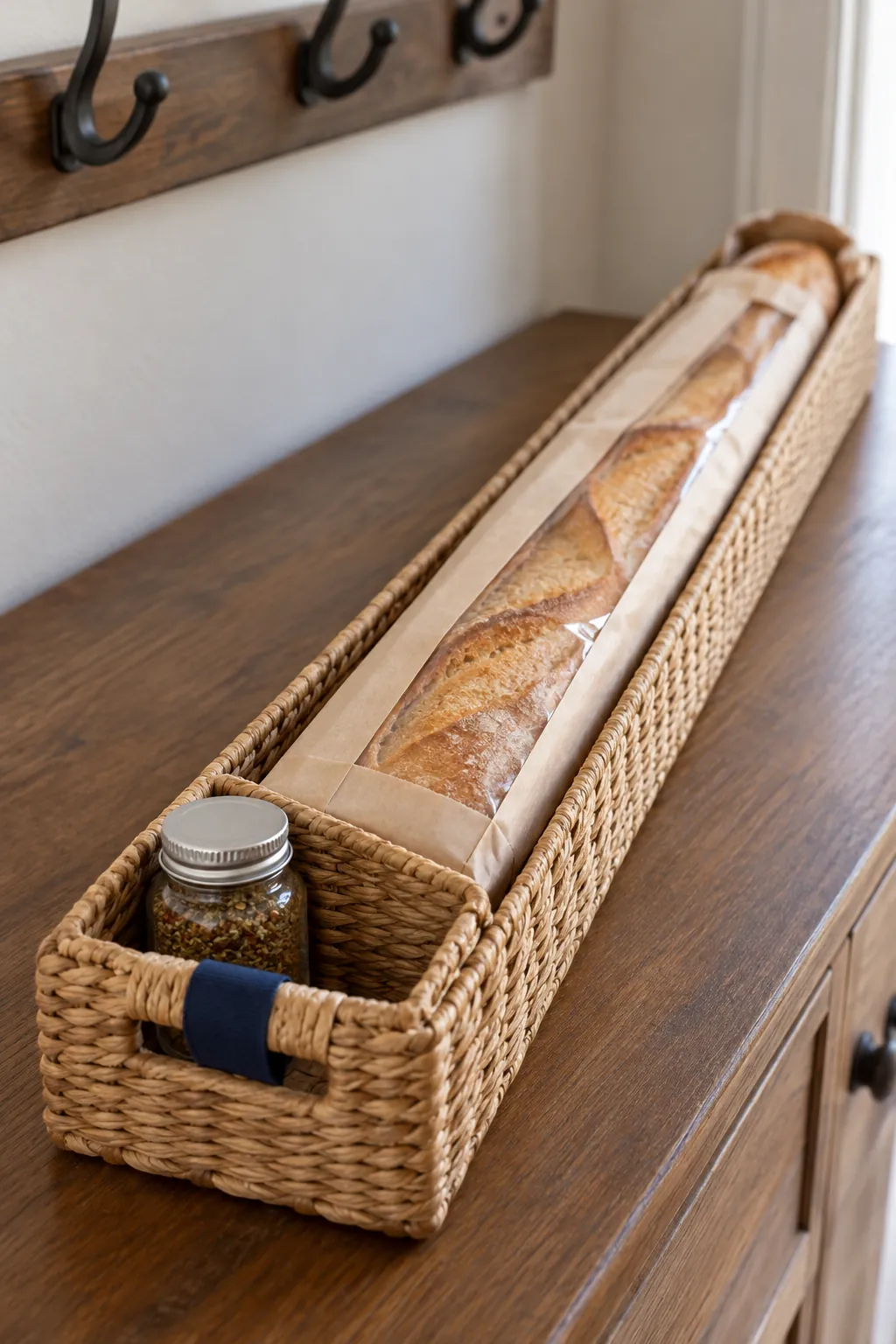 Bread gift with bagged baguette and sealed dipping spice in long carrier