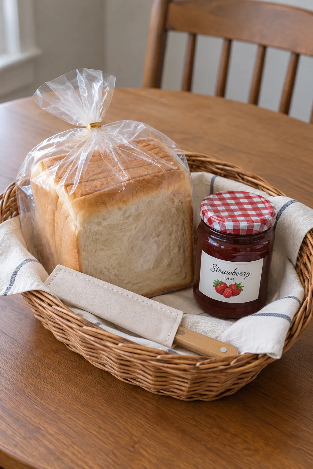 Bread gift with wrapped sandwich loaf, sealed strawberry jam and protected spreader