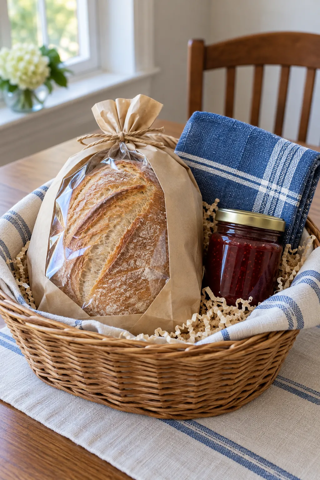 Wrapped bread and jam in a reusable gift basket